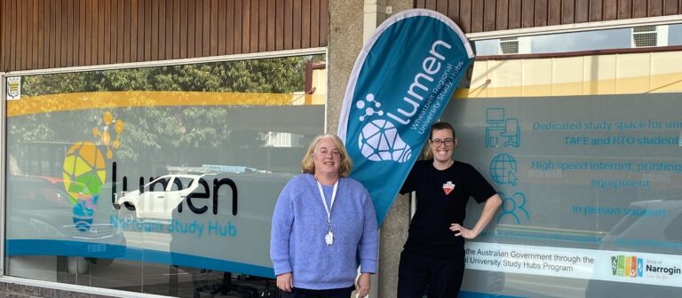 Penny Lumen Student Support Officer and Lumen Student Leanne in front of Lumen Narrogin Study Hub